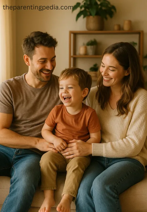 Smiling parents sitting with their only child at home