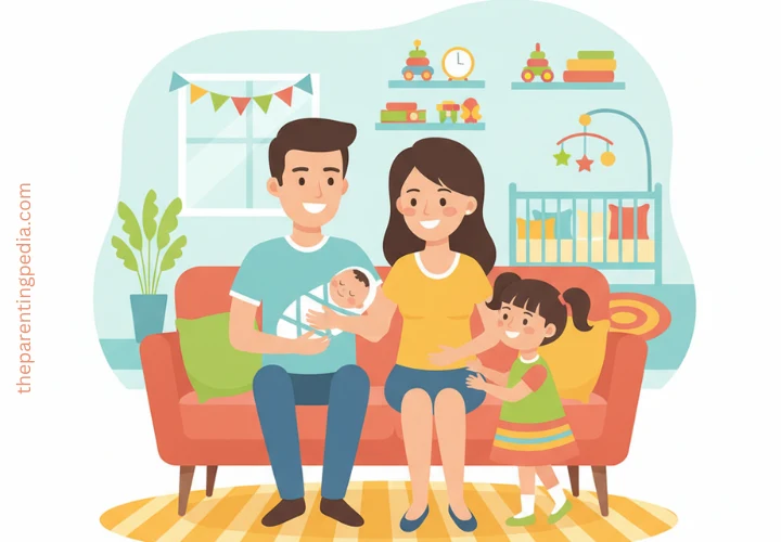 Illustration of happy parents sitting on a sofa with their newborn baby and toddler daughter in a cozy nursery background.