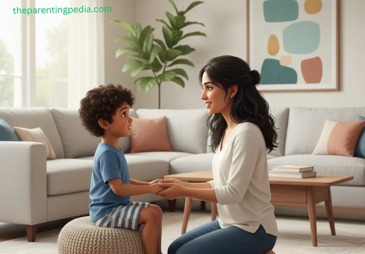 Mother gently talking to her child while holding hands in the living room.