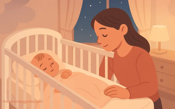 Mother watching her baby sleep safely in a crib at night.