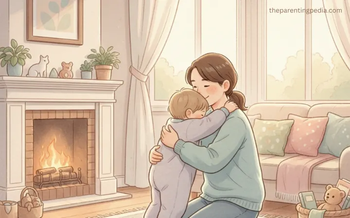 Mother hugging her toddler warmly in a cozy living room, symbolizing love and strong parent-child connection.
