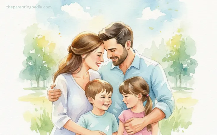 Illustration of happy parents embracing their two children outdoors, symbolizing love, support, and confidence in positive parenting.