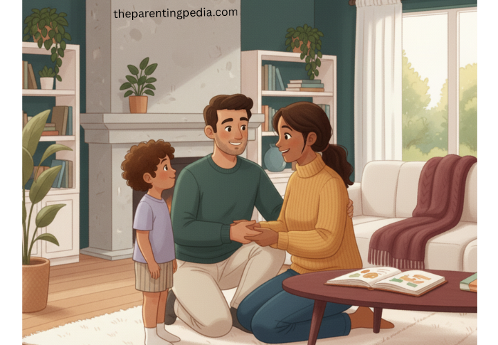 Happy parents calmly talking with their child at home.