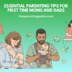 Illustration of first-time parents caring for babies through activities like breastfeeding, bottle feeding, diaper changing, and using a baby carrier, representing early parenting and child development.