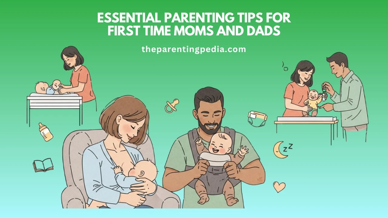 Illustration of first-time parents caring for babies through activities like breastfeeding, bottle feeding, diaper changing, and using a baby carrier, representing early parenting and child development.