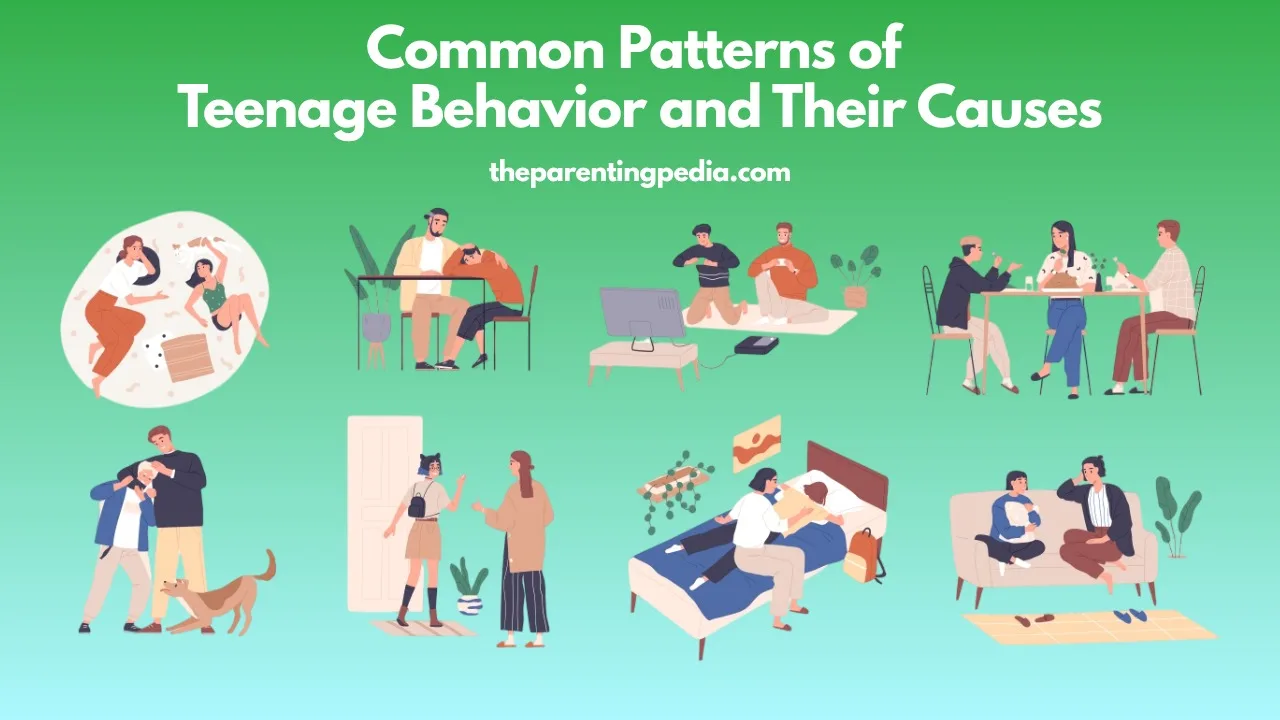 Illustration showing various teenage behavior patterns such as mood swings, gaming, family discussions, arguments, and emotional bonding, representing causes of teenage behavior.