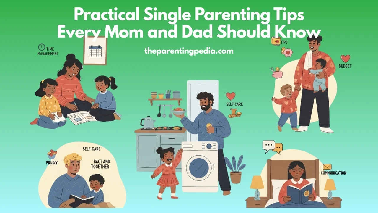 Illustration showing single parents managing time, self-care, communication, and budgeting while raising children — representing practical single parenting tips every mom and dad should know.