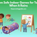 Toddlers enjoying creative indoor activities like building blocks, painting, crawling through a play tunnel, and sensory play on a rainy day.