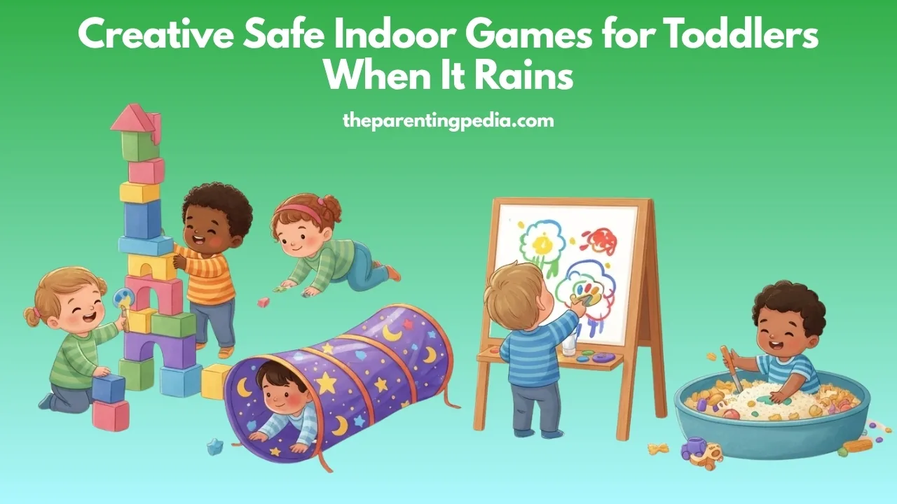 Toddlers enjoying creative indoor activities like building blocks, painting, crawling through a play tunnel, and sensory play on a rainy day.