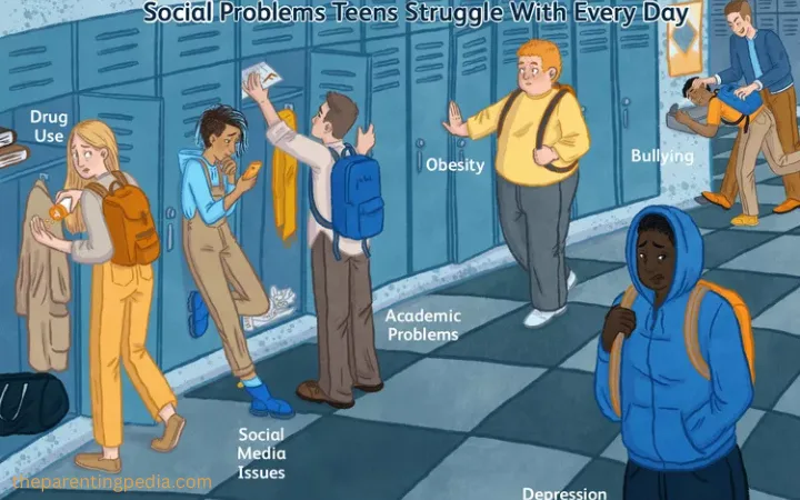 Illustration of teenagers at school dealing with common social problems such as bullying, drug use, obesity, depression, academic struggles, and social media pressure.