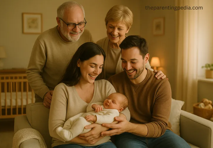Happy grandparents and parents smiling while holding a newborn baby, symbolizing family support for first-time parents.