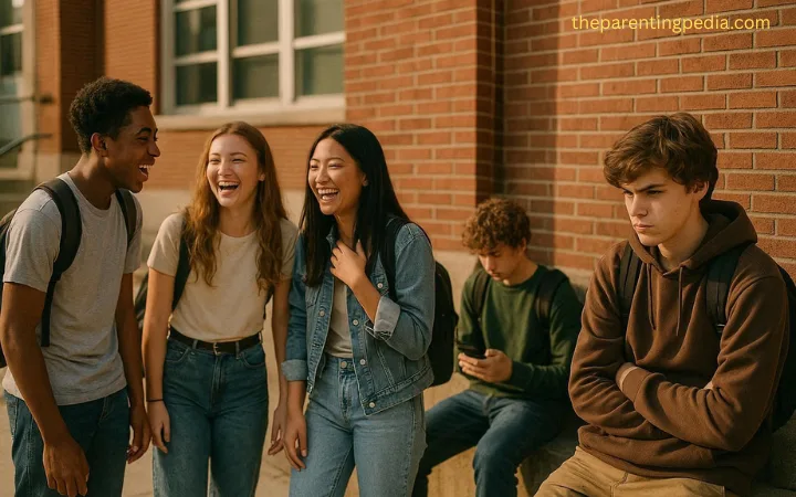 A group of teenagers laughing together outside a school building while another teen sits apart, looking upset and isolated.