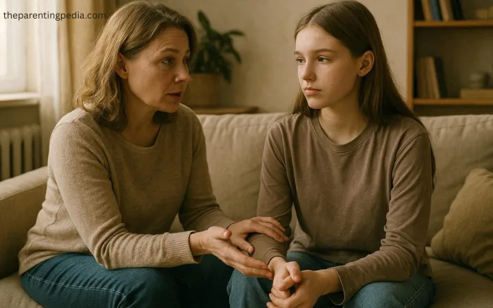 A concerned mother talking to her teenage daughter while sitting on a couch, showing empathy and understanding.