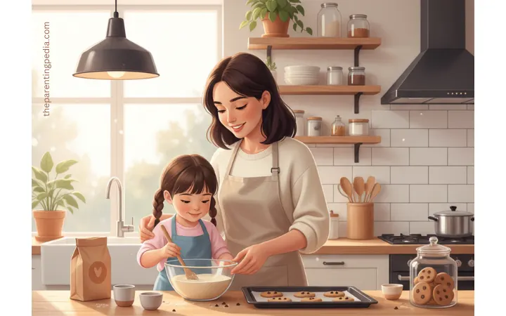 A single mother and her daughter happily baking cookies together in a cozy kitchen, symbolizing practical single parenting and quality family time.