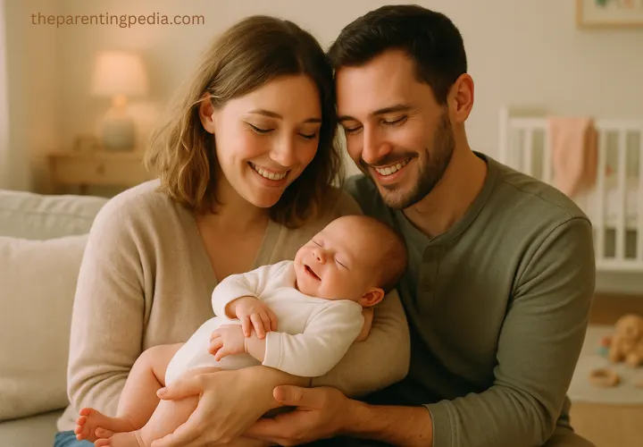 Smiling parents lovingly holding their newborn baby at home, representing joyful first-time parenthood.