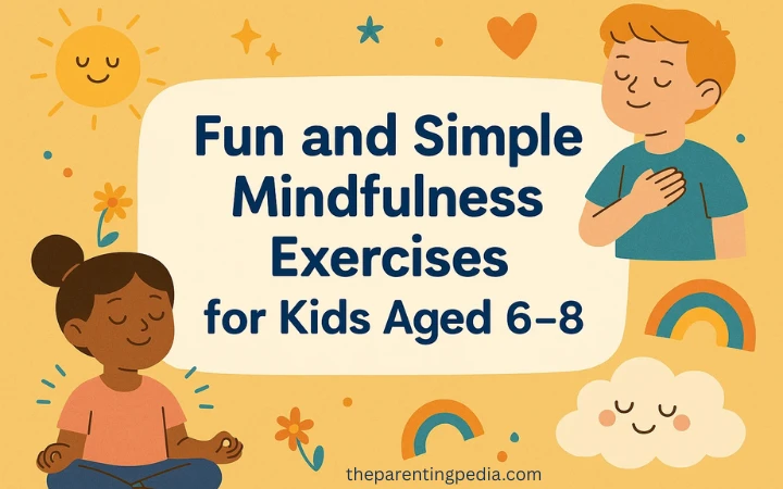 Illustrated children practicing mindfulness activities with calming symbols and warm colors, representing simple mindfulness exercises for kids aged 6–8.