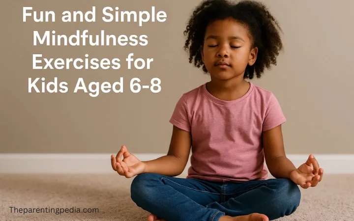 A young child practicing a simple mindfulness meditation exercise while sitting cross-legged with eyes closed.