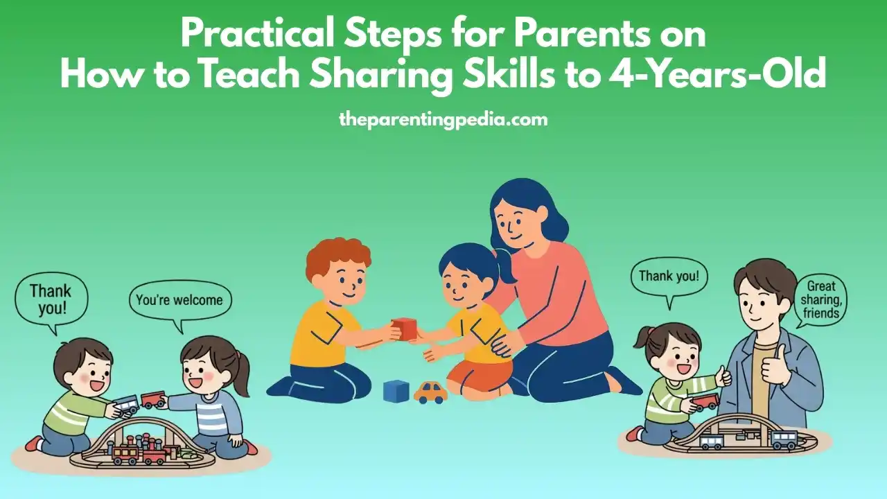 Illustration of parents teaching young children how to share toys through guided play and positive phrases, representing practical steps for teaching sharing skills to 4-year-olds.