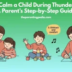Illustrated scenes of a parent comforting and engaging children in calming activities during a thunderstorm.