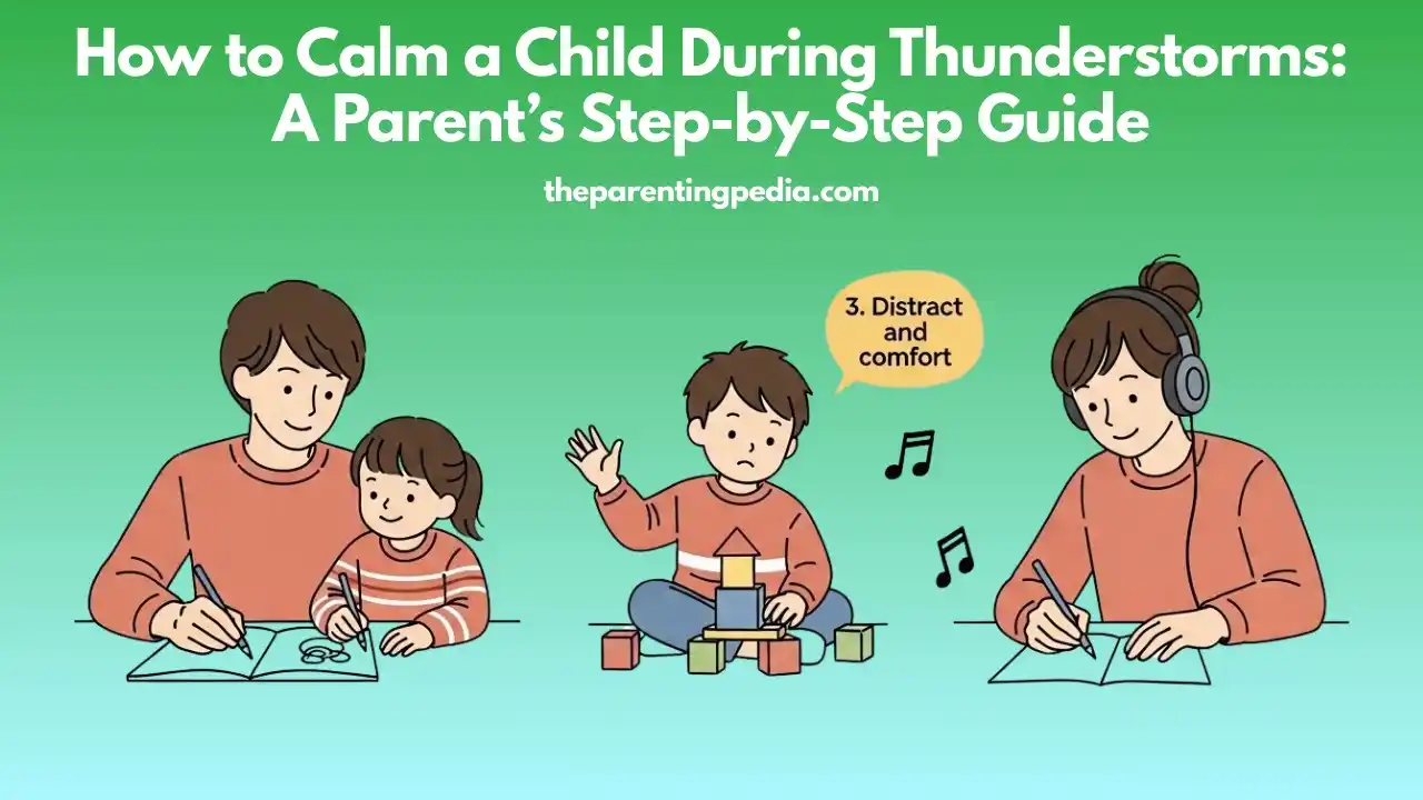Illustrated scenes of a parent comforting and engaging children in calming activities during a thunderstorm.
