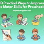 Illustration of preschoolers doing various fine motor skill activities such as threading beads, cutting shapes, drawing, using tongs, buttoning, scooping slime, and pipetting.