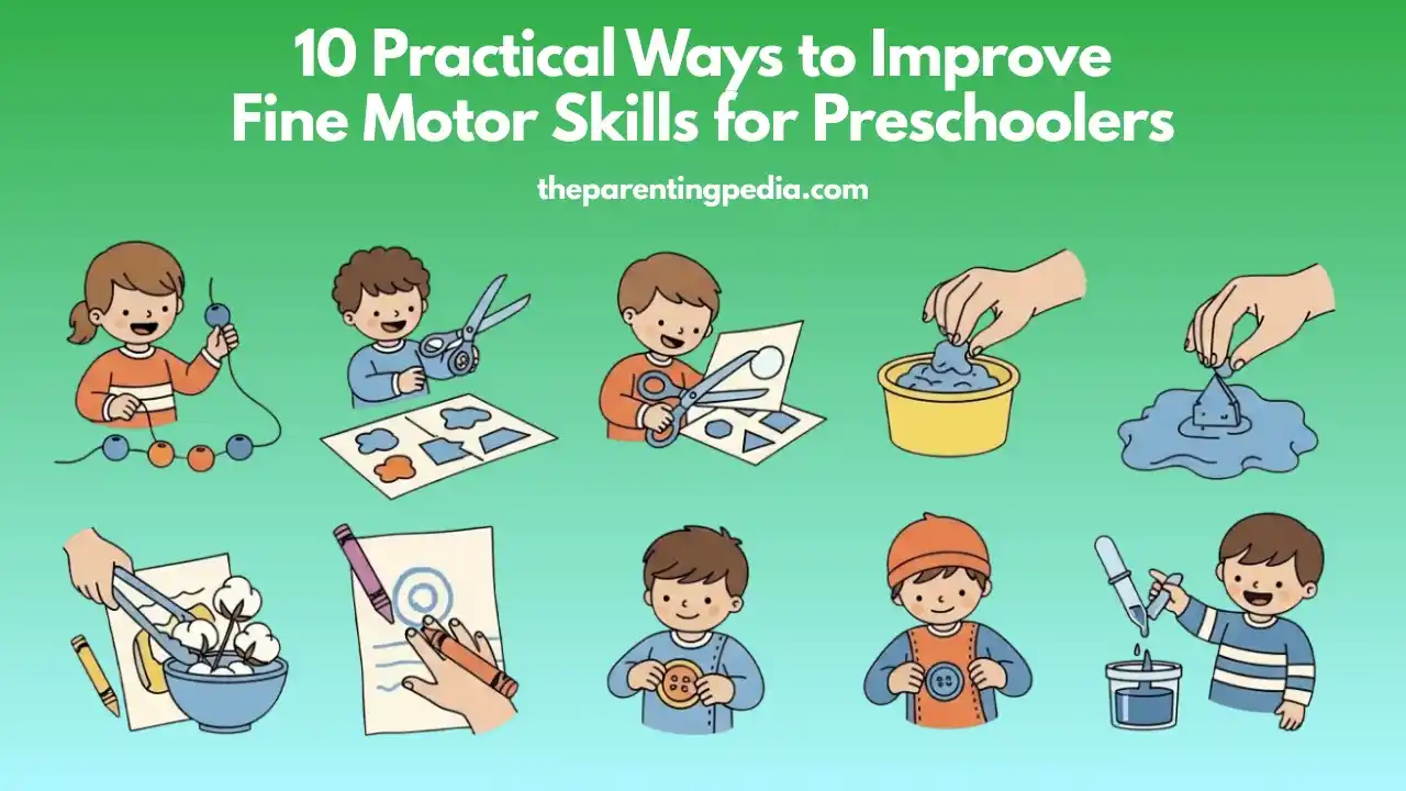 Illustration of preschoolers doing various fine motor skill activities such as threading beads, cutting shapes, drawing, using tongs, buttoning, scooping slime, and pipetting.