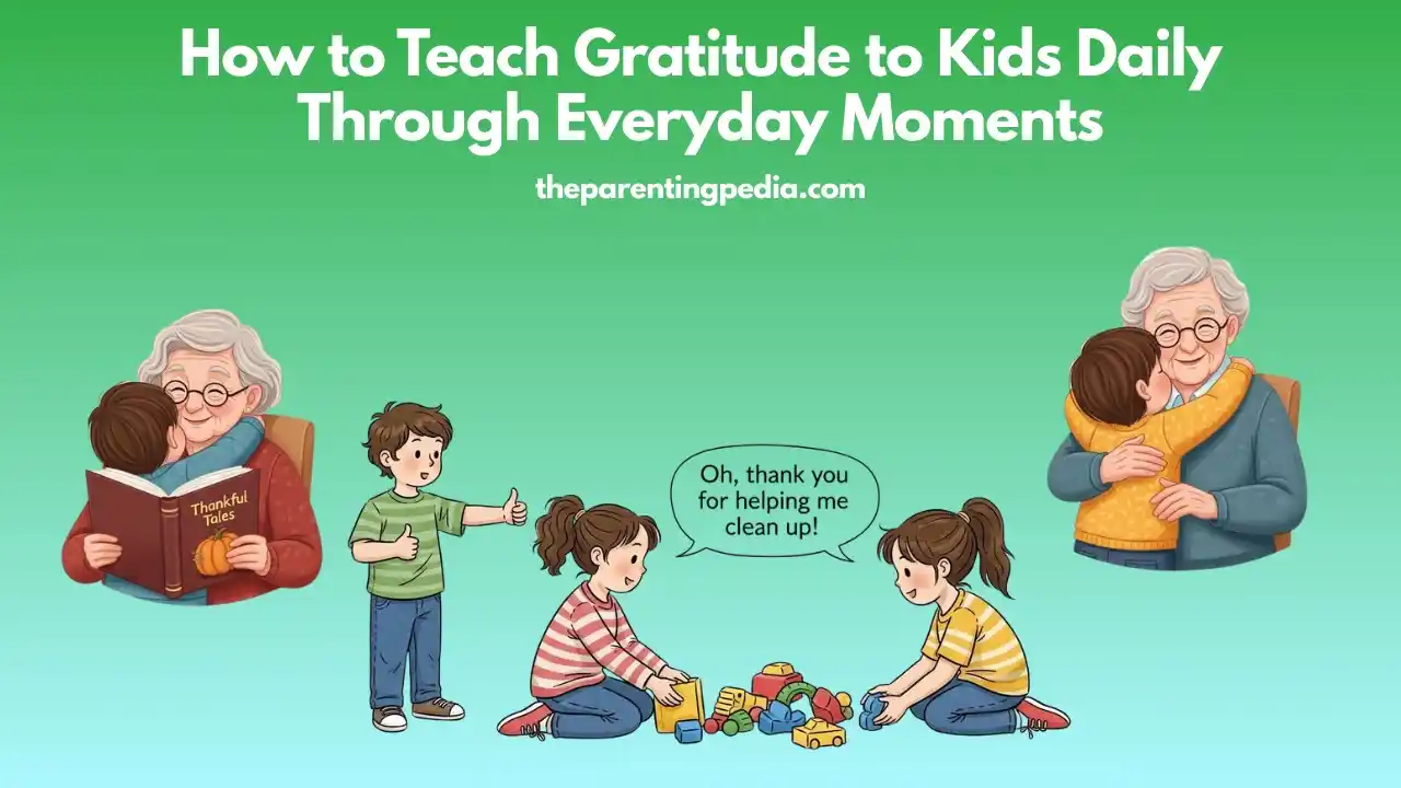 Children learning gratitude through everyday moments like helping, sharing toys, saying thank you, and showing love to elders.