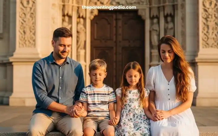 Parents and children sitting together holding hands in a calm moment, teaching kids gratitude through reflection and togetherness.