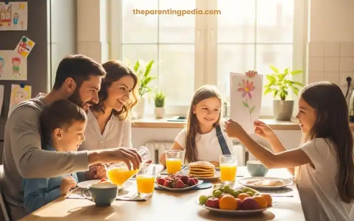 Parents and children sharing breakfast together as a child shows her drawing, highlighting gratitude through everyday family moments.