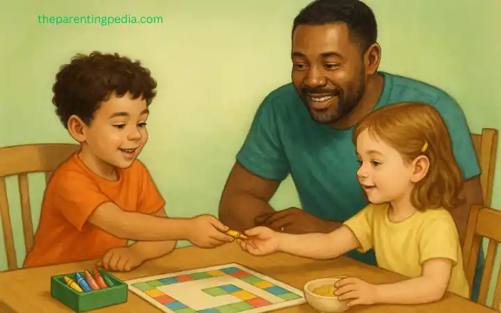 A father guiding two young children as they share crayons while playing a board game, demonstrating sharing skills for 4-year-olds.