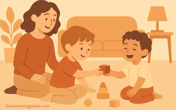 A mother guiding two young children as they practice sharing toys on the floor, illustrating teaching sharing skills to 4-year-olds.