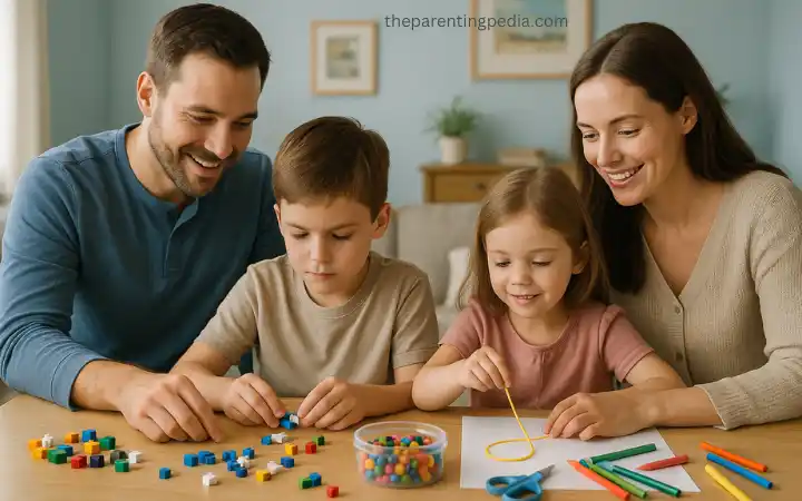 A family of four sitting at a table engaging in fine motor skill activities, with the father and older boy using small building blocks while the mother and preschool-aged girl thread beads on a string.