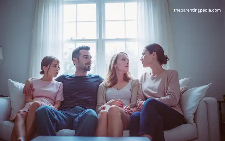A family sitting together on a couch, talking calmly with a young girl while soft daylight comes through the window.