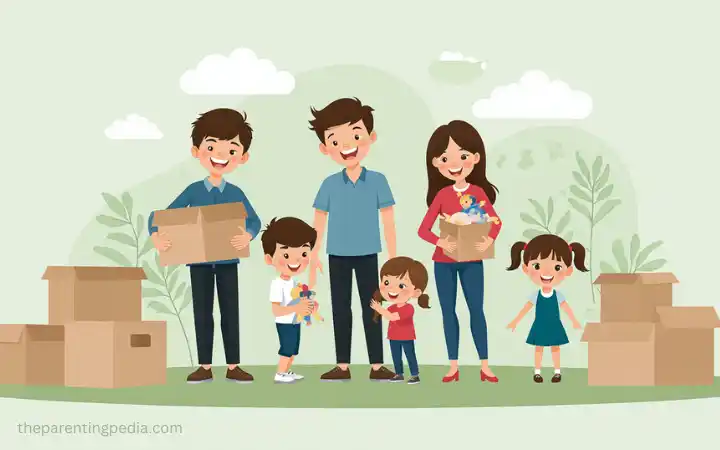 Cartoon-style illustration of parents and three young children happily packing toys and boxes while preparing to move houses.