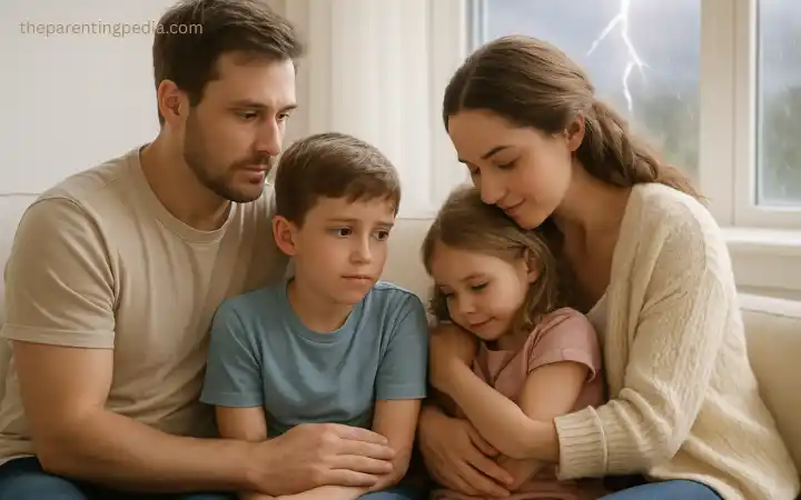 A mother and father comforting their two young children during a thunderstorm, sitting together indoors with lightning visible through the window.