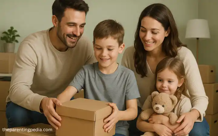A smiling family of four sitting together while packing moving boxes, with the parents supporting their young son and daughter during the moving process.