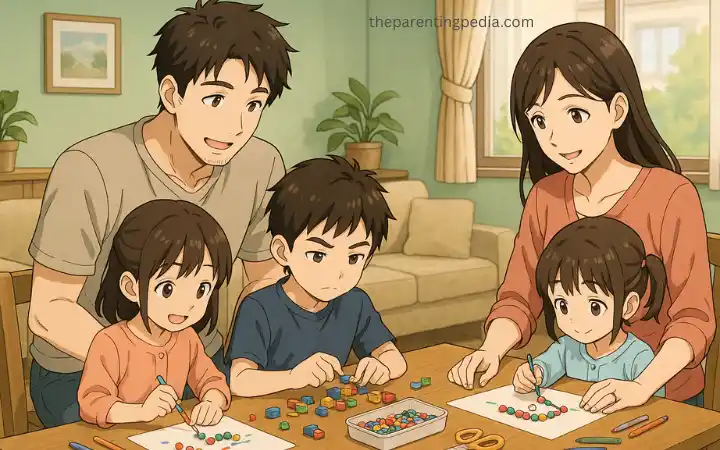 Illustrated family engaging in fine motor skill activities at a table, with parents helping two young children practice threading beads, coloring, and arranging small blocks.