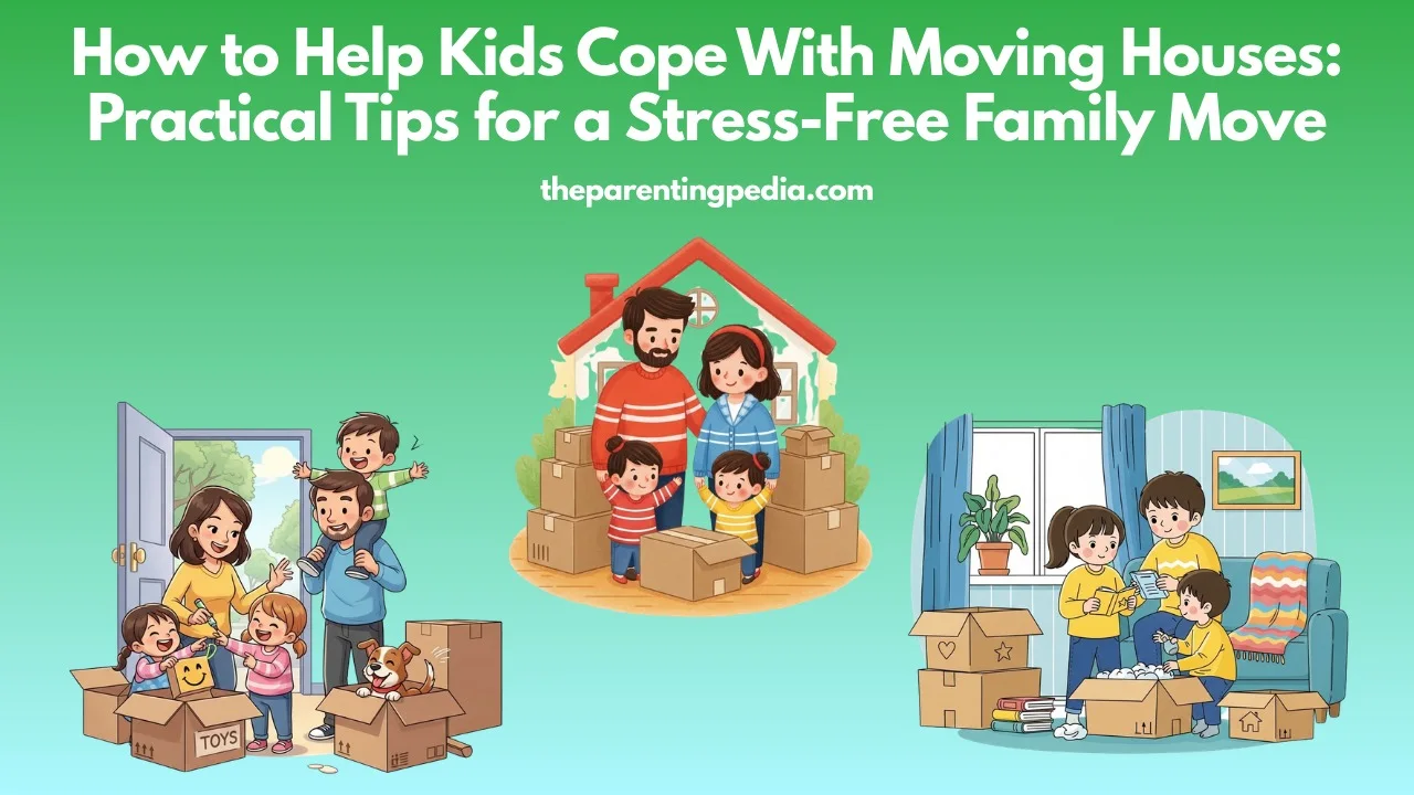 Happy family with children packing boxes and settling into a new home, illustrating how to help kids cope with moving houses in a stress-free way.