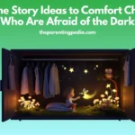 Child sitting in a glowing closet with stars at night.