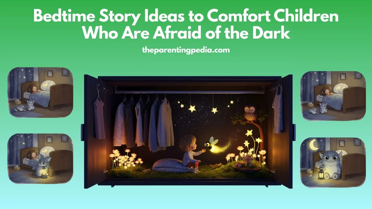 Child sitting in a glowing closet with stars at night.