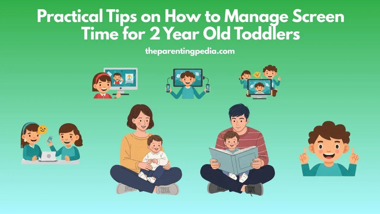 Parents managing screen time for 2 year old toddler by balancing mobile use with reading and family activities.