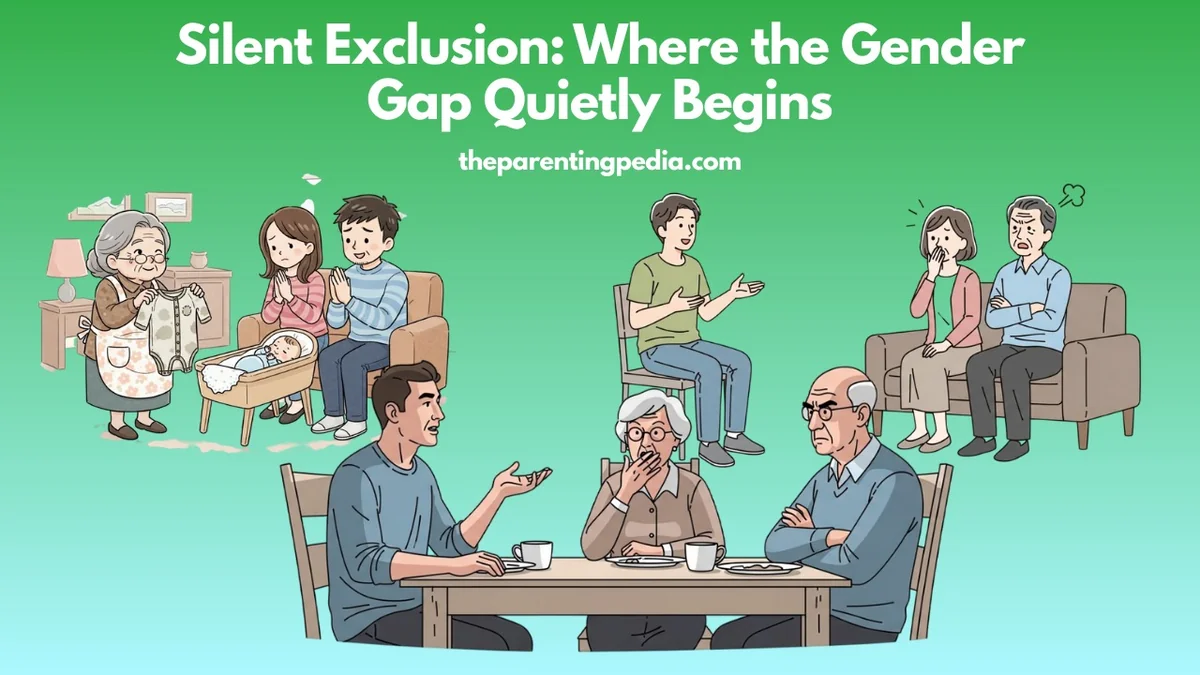 Family members discussing a newborn while subtle gender bias and silent exclusion begin within everyday household interactions