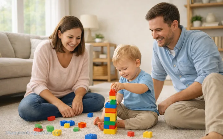 Parents playing with their 2 year old toddler using building blocks as a screen free activity.