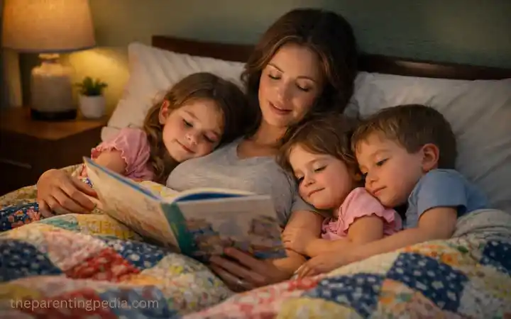 Mother reading a bedtime story to comfort her children who are afraid of the dark at night.