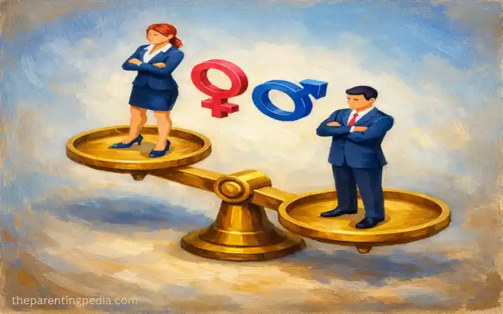 Illustration of a woman and a man standing on an uneven balance scale with gender symbols above, representing silent exclusion and the early gender gap in society.