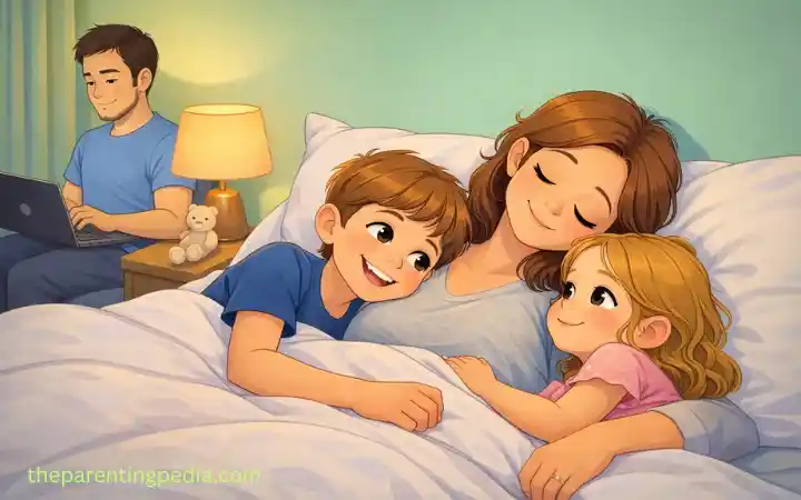 Mother lying in bed with her son and daughter at night while the father works on a laptop in the background, showing a calm and safe bedtime moment.