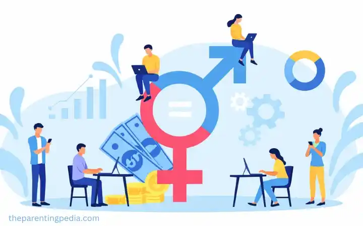 Illustration of male and female gender symbols surrounded by working professionals, money, and growth charts representing silent exclusion and the early gender gap in career and economic opportunities.