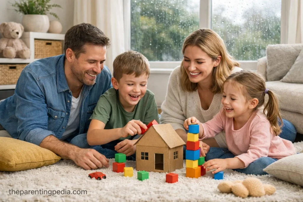 Parents and kids playing safe indoor games with colorful blocks on a rainy day at home