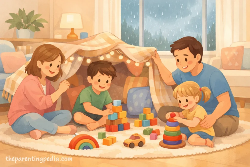Parents and children playing creative indoor games with toys inside a blanket fort on a rainy day