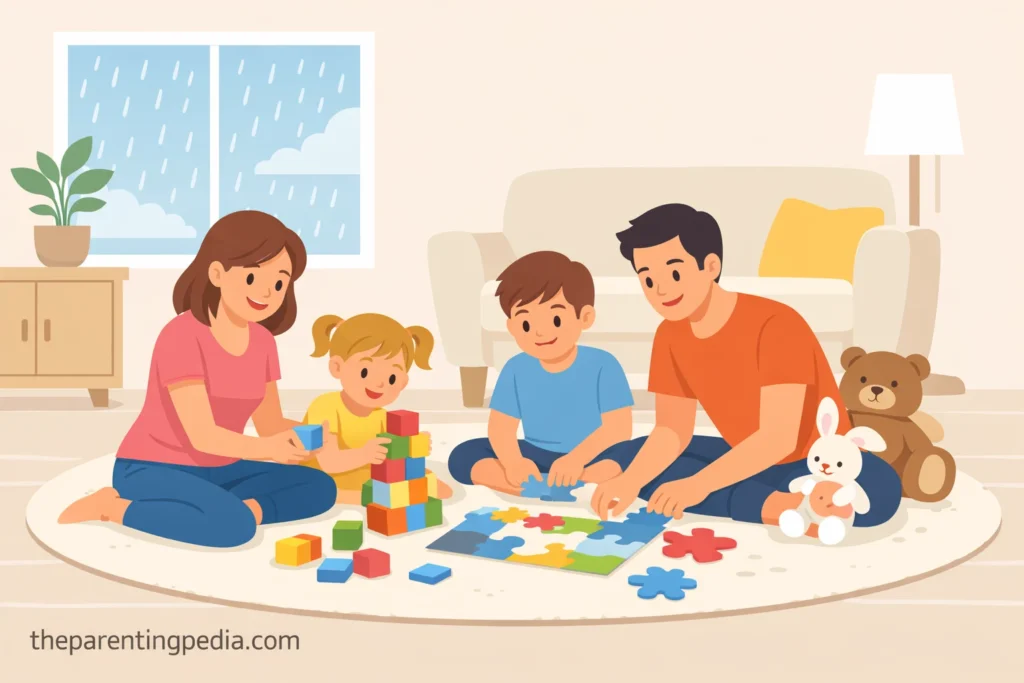 Parents and children playing puzzle and block games indoors during a rainy day at home